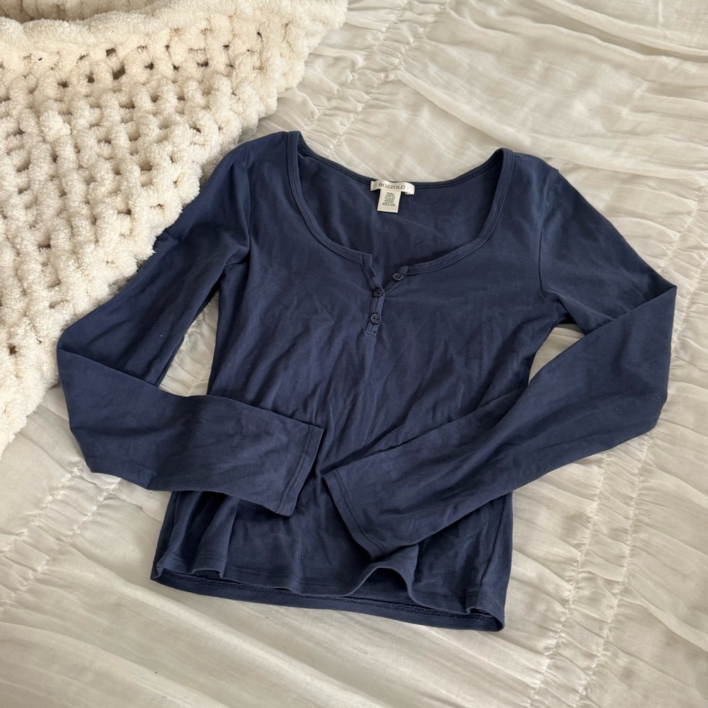 Navy Long Sleeve Henley Top - Picture 3 of 7